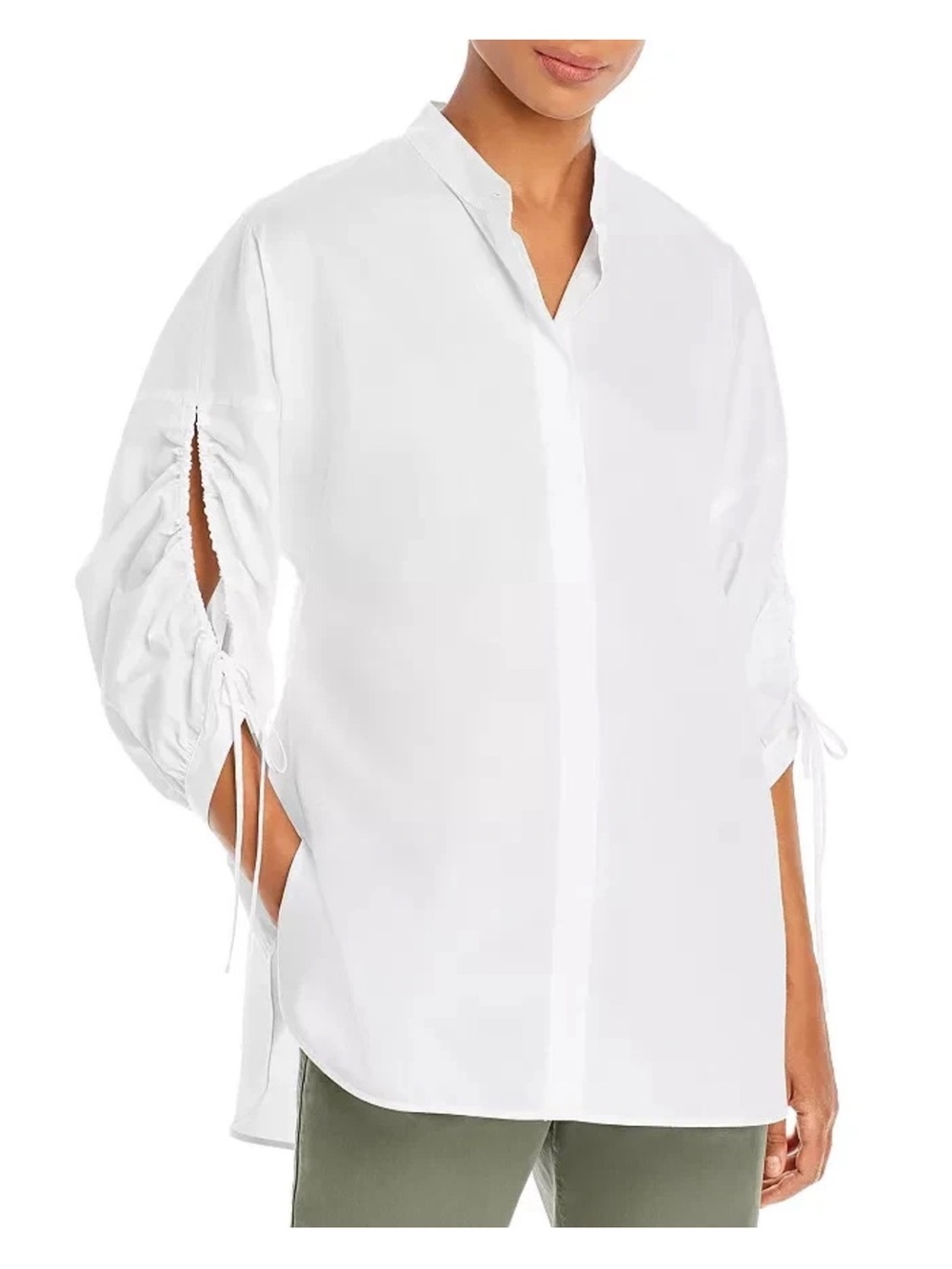 Boss White Mandarin-Collar Button-Down Blouse with Ruched Sleeves